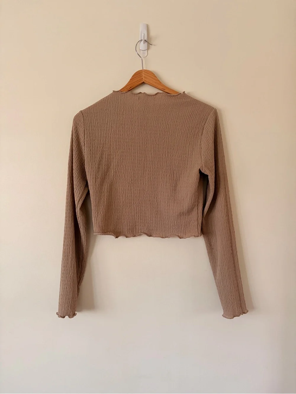 Reformation Ribbed Lettuce-Edge Cropped Long-Sleeve  — Taupe